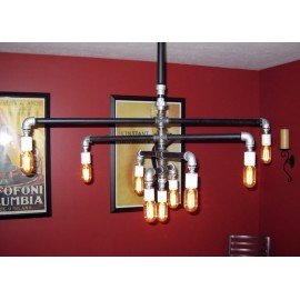 Suspension chandelier design industriel en tube métallique 9 ampoules